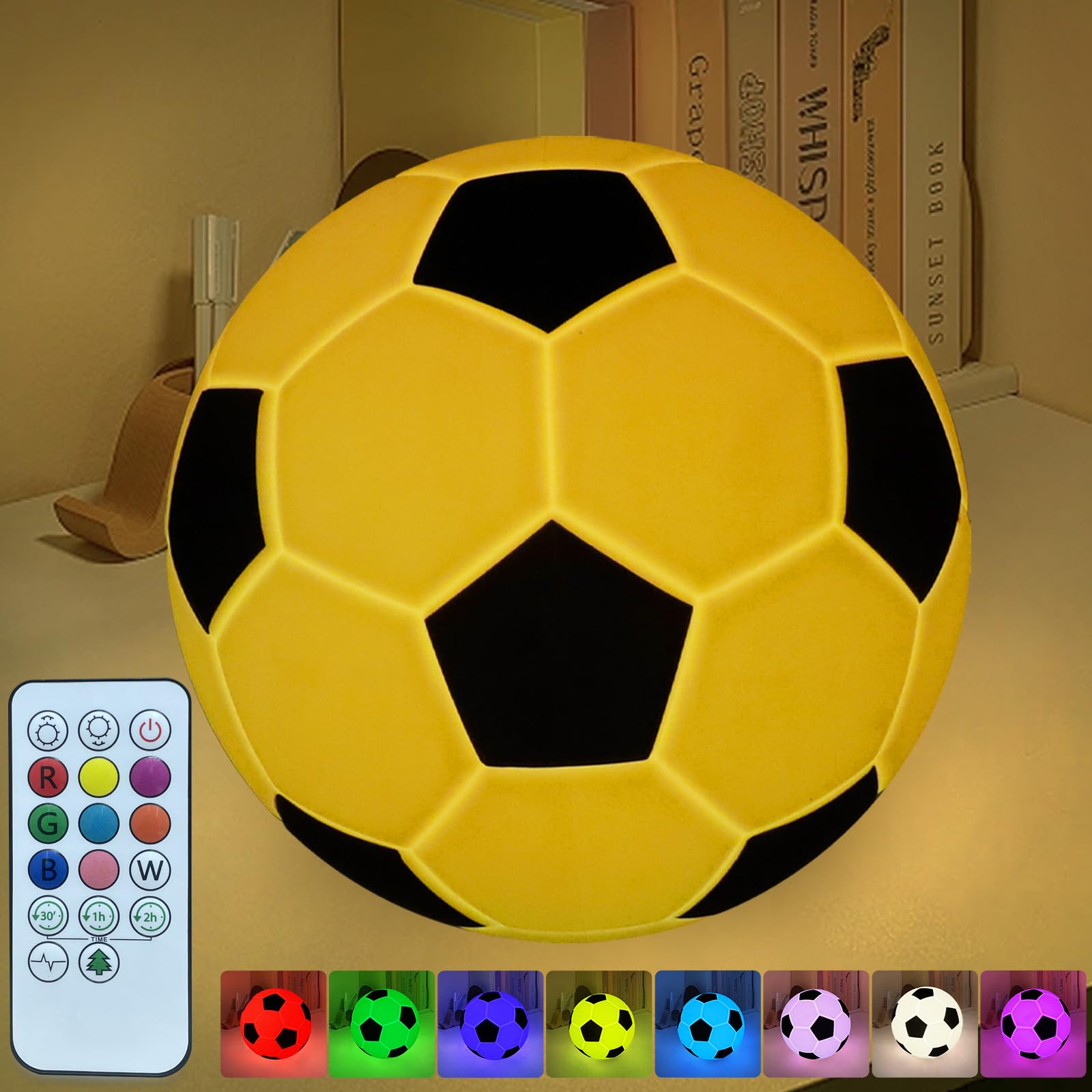 Soccer Ball Night Light with Auto Shut-Off Timer, 9 Color Changing & 2 Light Modes Dimmable Sports Bedside Lamp, Cordless Stand-Free Silicone Nursery Light for Boys Girls Bedroom, Cool Sports Gifts