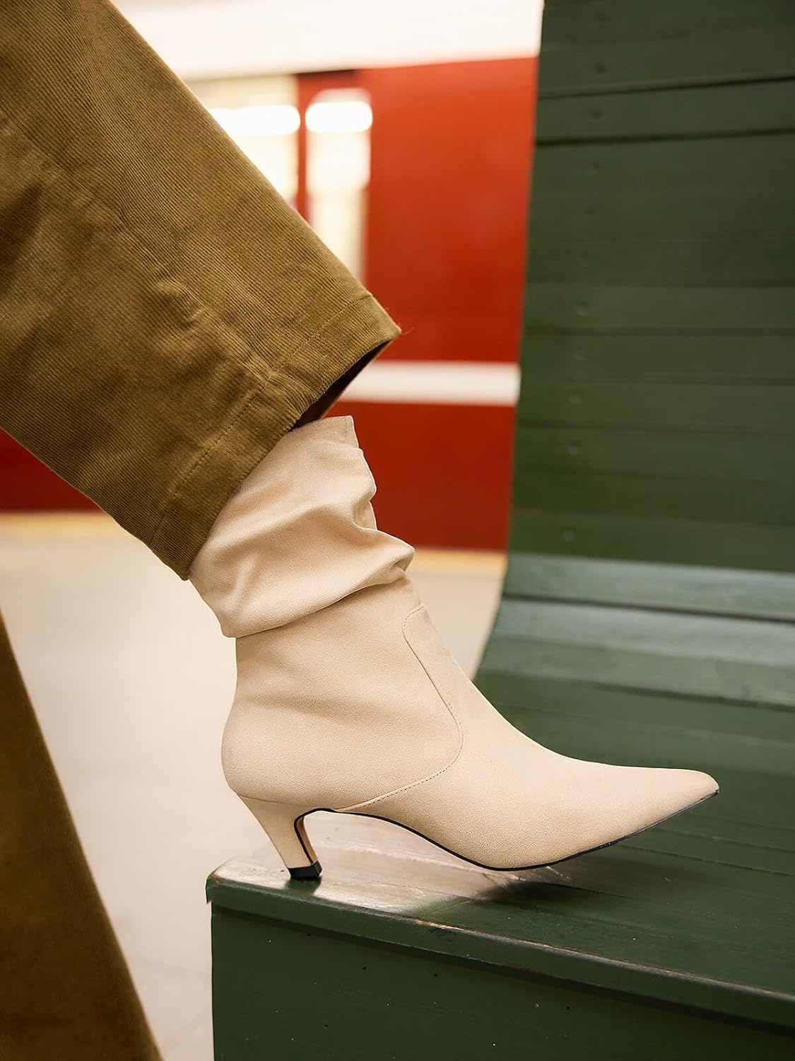 Coutgo Women's Slouchy Ankle Boots Low Kitten Heel Pointed Toe Booties Side Zipper Fall Shoes - Image 2