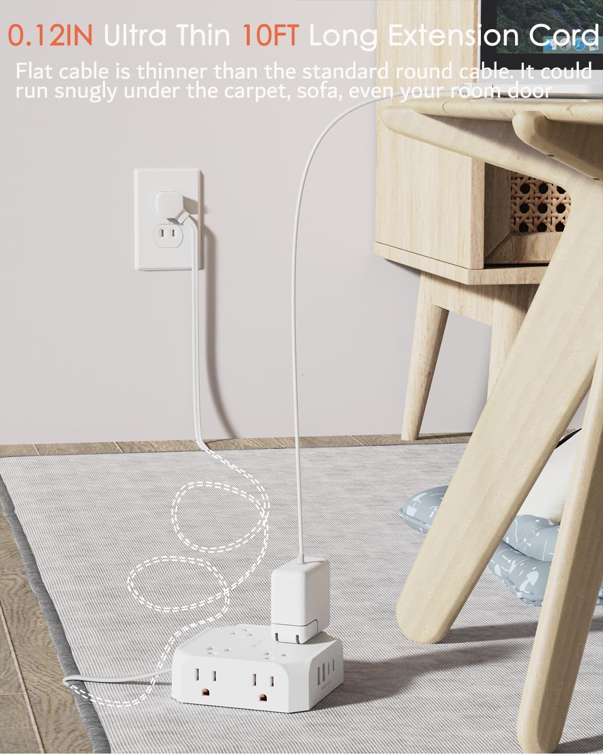 2-bolcowa listwa zasilająca, WRXDMC adapter z 2 bolcami na 3 bolce, ochrona przeciwprzepięciowa 1400J, przedłużacz o długości 4,6 m, 8 gniazd AC z 2 portami USB C i 2 portami USB A, do montażu na