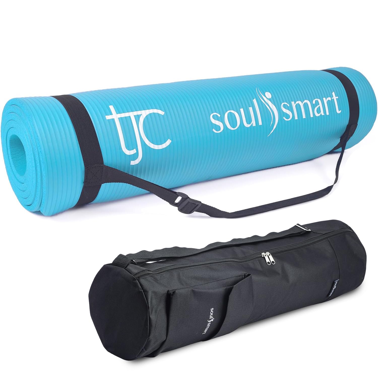 TJC Light Blue Yoga Mat & Black Bag Large for Men Women Belt Carry Bag Smooth Zipper Adjustable Strap Functional Storage Towel Mobile Phone Pockets