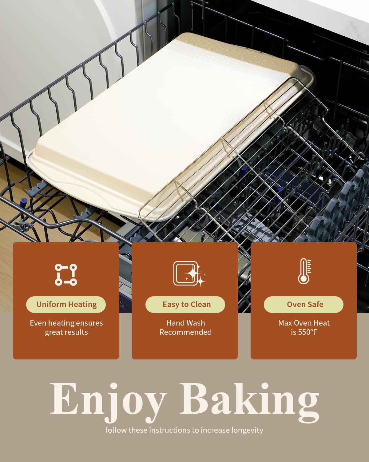 Nonstick Crisp Baking Tray With Wire Rack, Ceramic Coating Jelly Roll 15x10 Cookie Sheet Pan, Non-Toxic, PTFE & PFOA Free, Oven Safe 550°F, Dishwasher Safe, Aluminized Steel, Sunshine Cream
