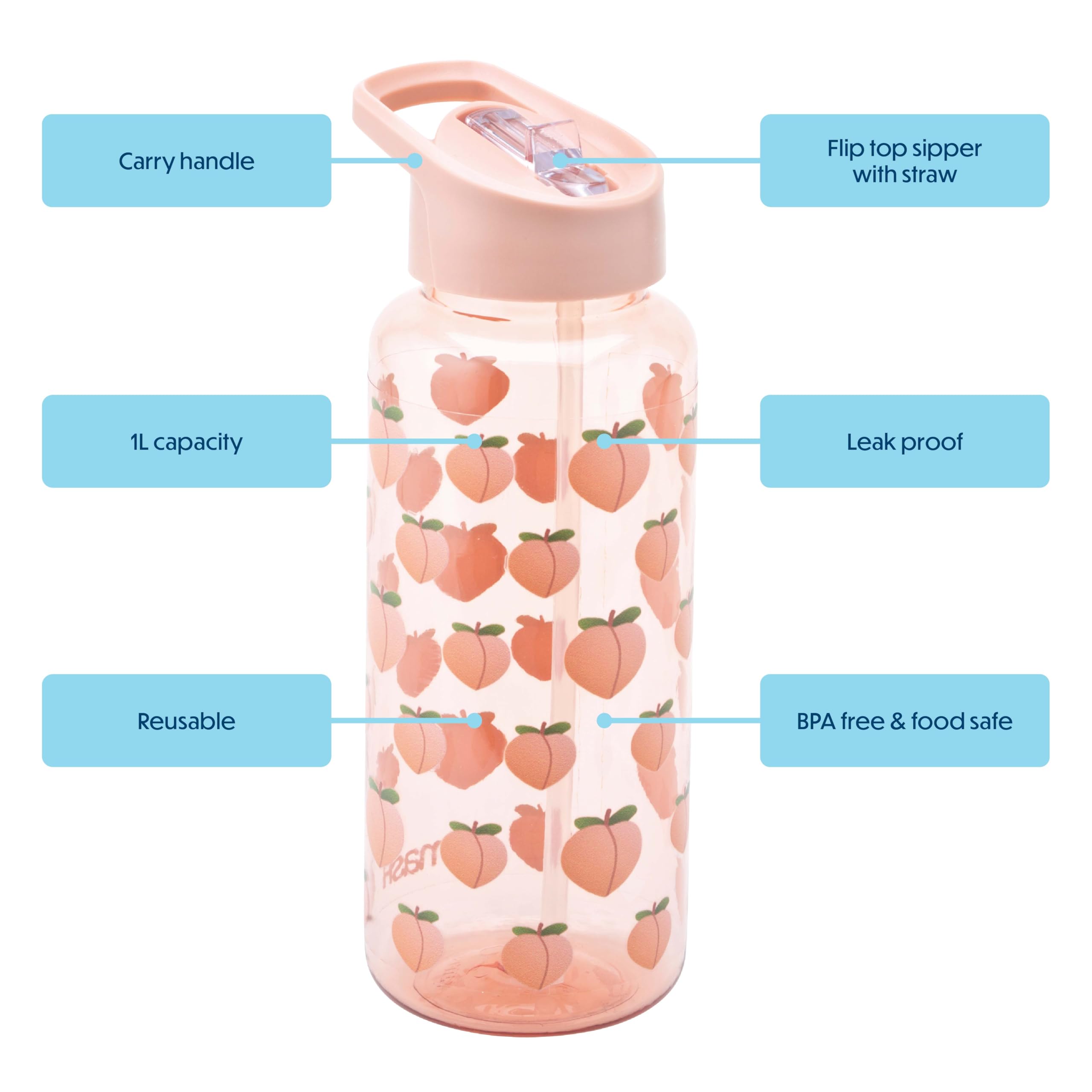 Smash 1 Litre Drink Bottle with flip top lid and straw - Peach design, 1000 ml - Image 2