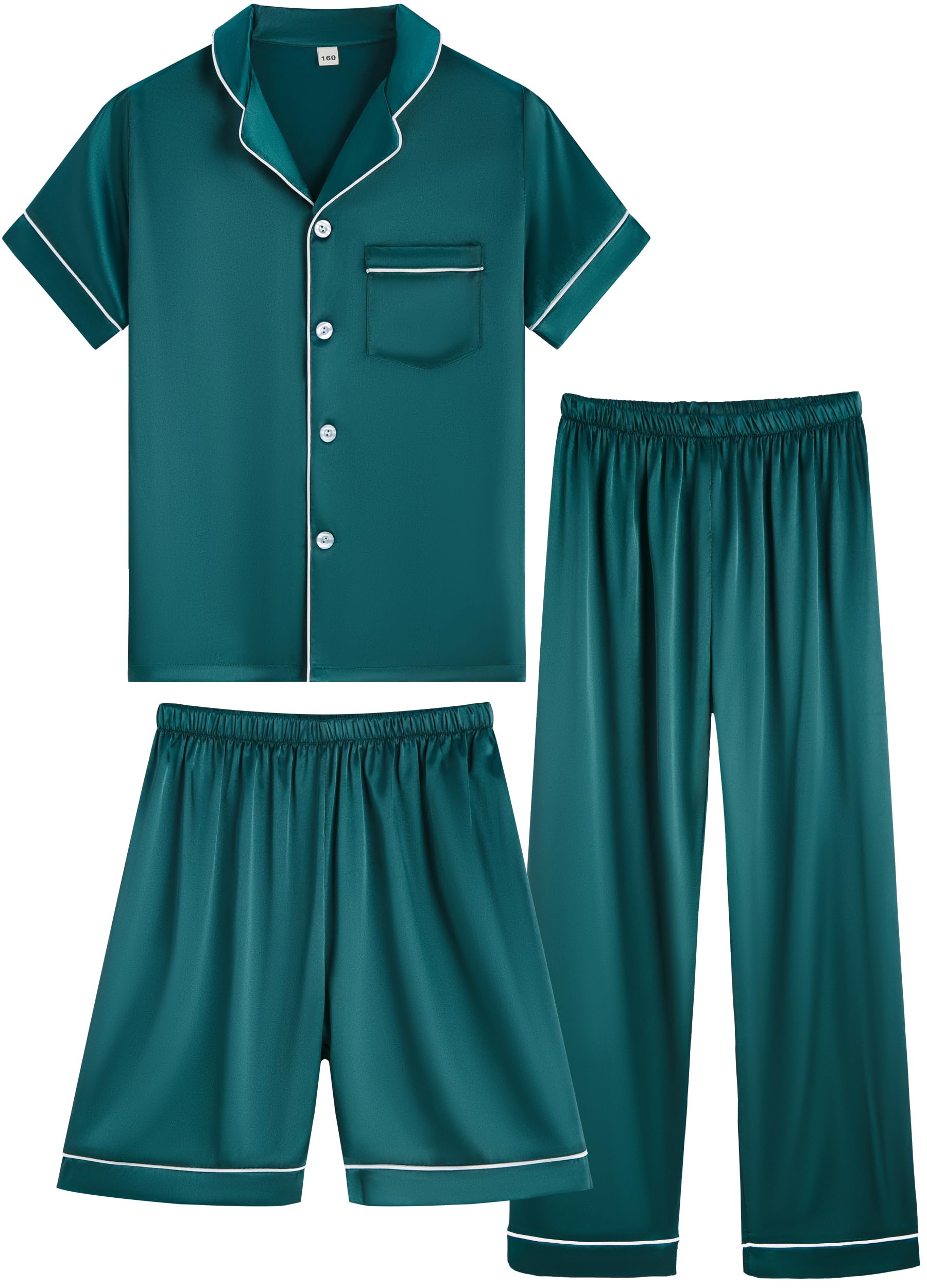 OEIU Girls Boys Silky Satin Pajamas Set 3 Pcs for Kid Children Silk pjs Set Sleepwear Button-up Nightwear