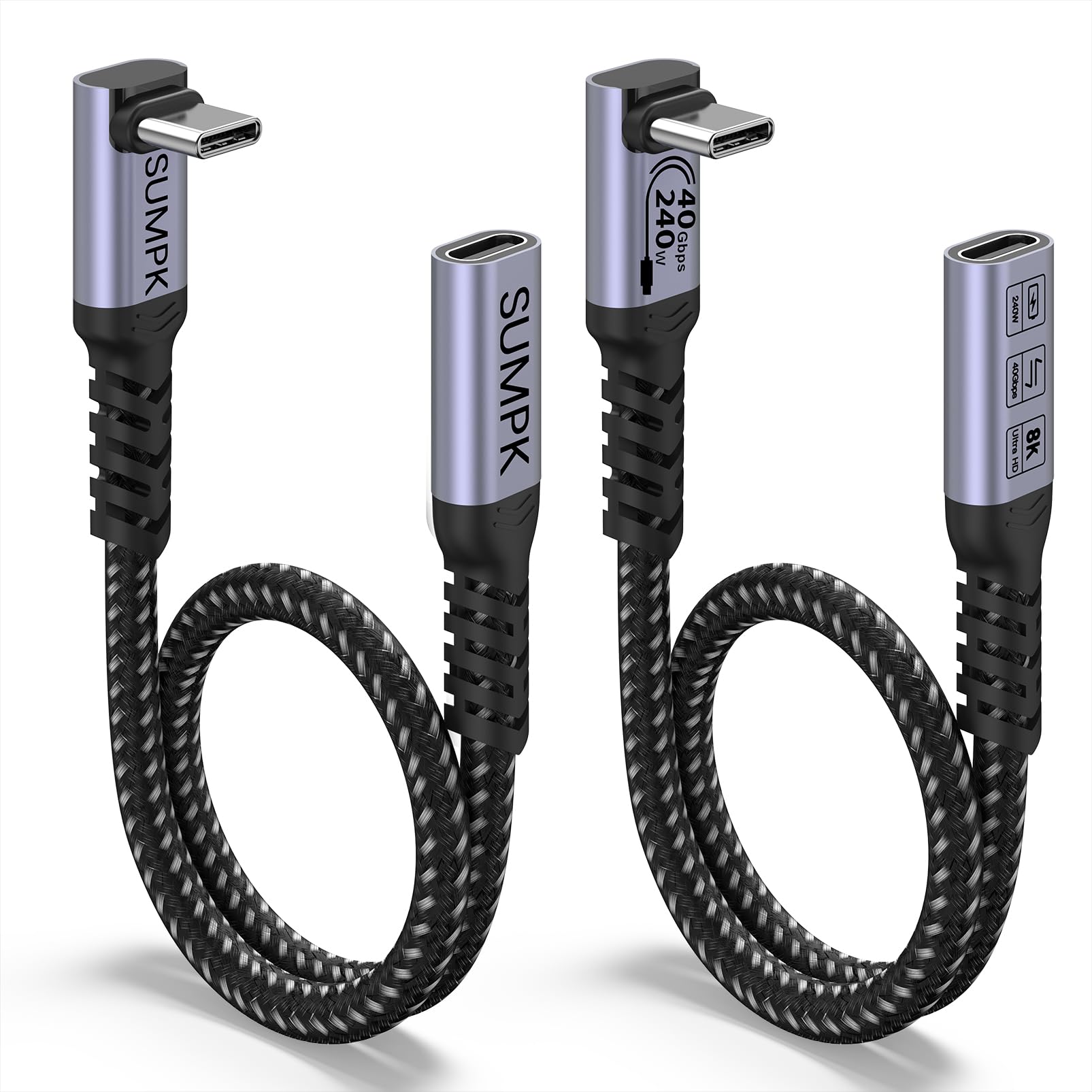 SUMPK USB 4.0 USB-C Male to Female Extension Cable Right Angle 1.5ft 2 Pack | 240W 5A Fas…