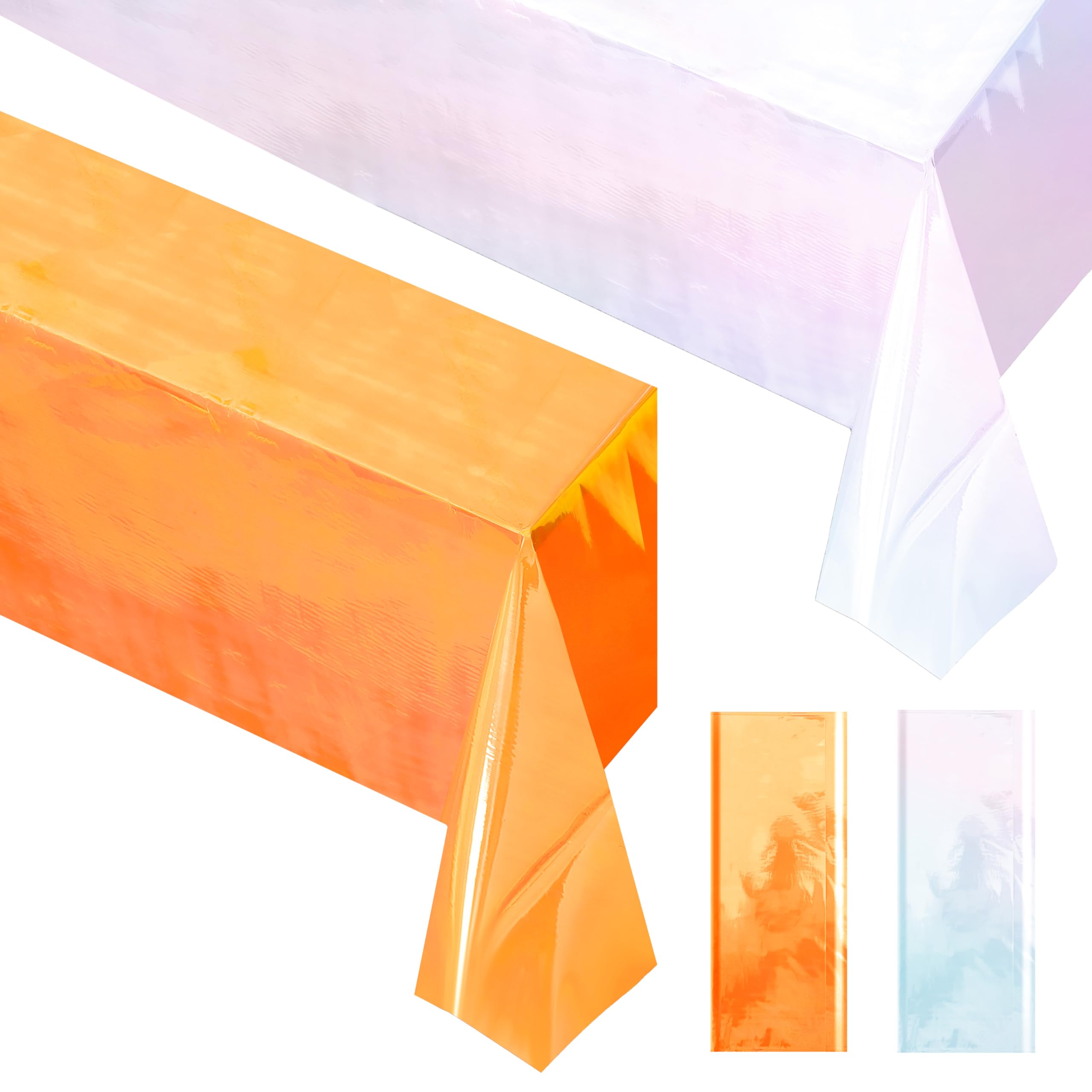 Photo 1 of 2 Pieces Orange & White Iridescence Tablecloth, 40 x 108“ Disposable Shiny Laser Table Cloth, Glitter Plastic Tablecloths, Holographic Iridescent Table Cover for Party Decoration, Wedding and Banquet