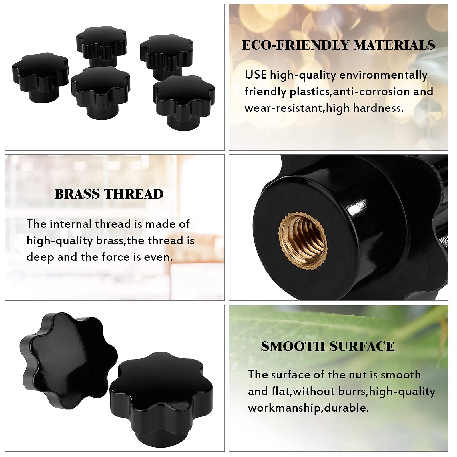 10 Manopole Di Serraggio M6 A Stella | Filettatura Femmina In Ottone | Impugnatura Zigrinata Nera | Per Macchinari Industriali