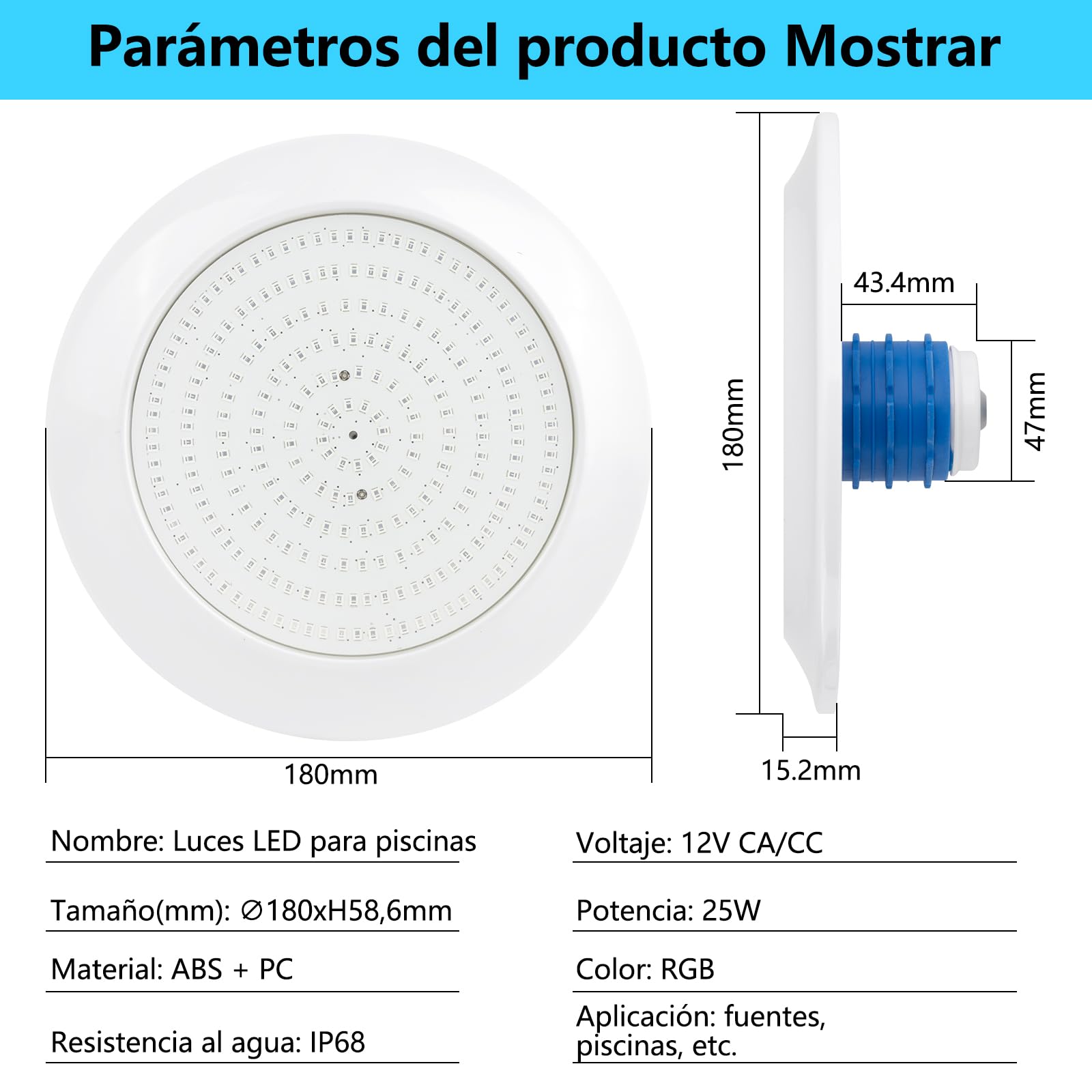 COOLWEST Foco LED Piscina con Rosca 1 1/2", 25W Proyector LED Piscina RGB Multicolor con Remoto, Ø180mm, Impermeable IP68 Lámpara Sumergible para Piscinas SPA Escaleras, 12V AC/DC