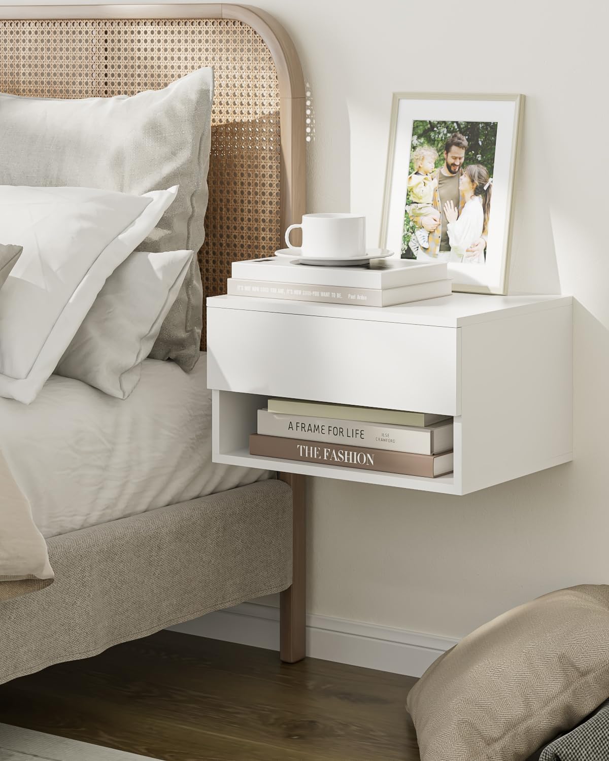HEYZOEY Floating Bedside Table, Bedside Table Small Modern Nightstand with Drawer, Floating Shelves for Bedroom, Bathroom, White