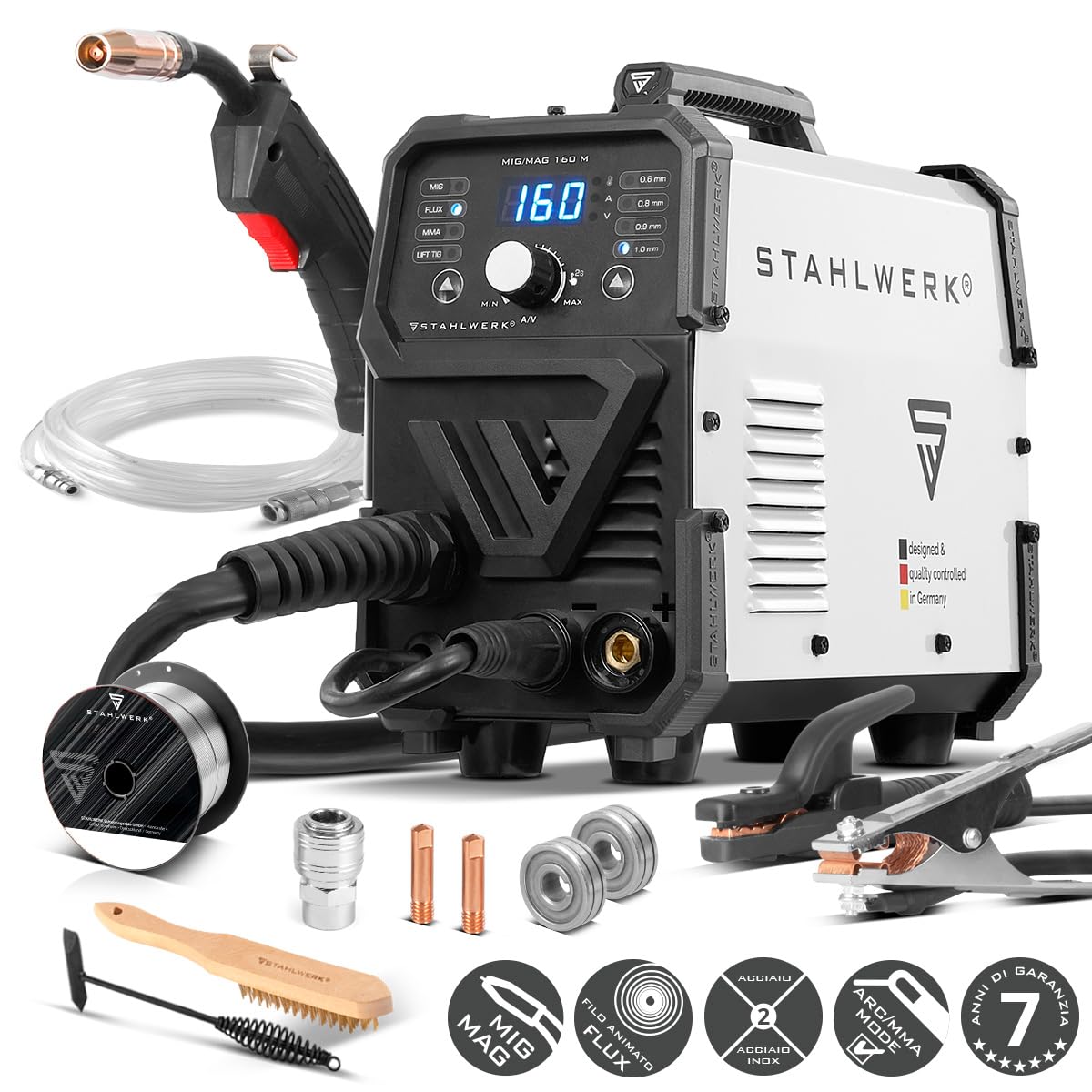 STAHLWERK Saldatrice a gas inerte MIG/MAG 160 M – inverter combinato compatto 5-in-1 da 160 A per FLUX (saldatura a filo animato), MMA (ARC) & Lift-TIG (DC), solo 6,8 kg, Hotstart e Anti-Stick