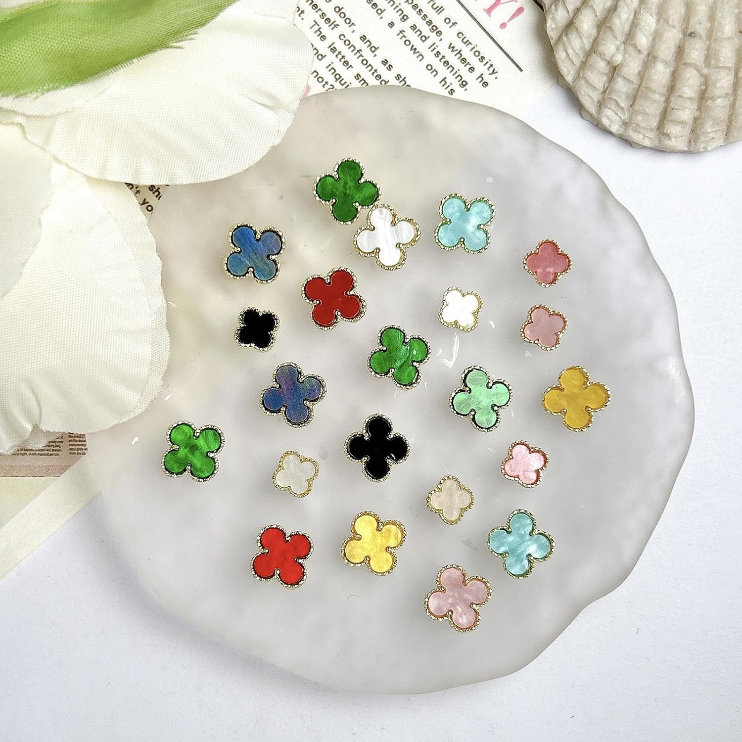 12Pcs Retro Four Leaf Clover Nail Charms 3D Alloy Colorful Four-Leaf Clover Art Supplies for Acrylic Nails Summer Design Cute Nail Gems and Charms Nail Jewelry for Women DIY Nail Decor Accessories