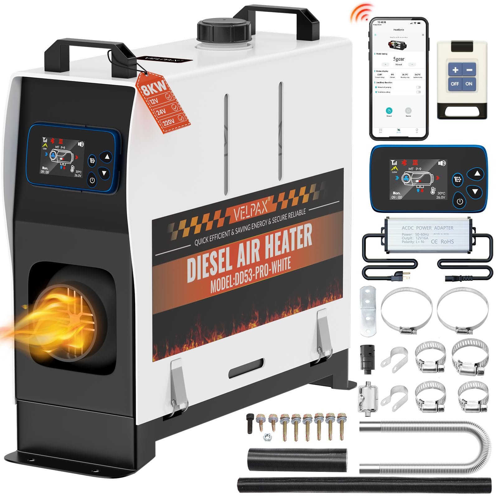 12V 24V 220V 8KW Riscaldatore Diesel da Parcheggio,all-in-One,Bluetooth APP Riscaldamento rapido LCD e Telecomando per Camper,Macchine,Camion,Autobus