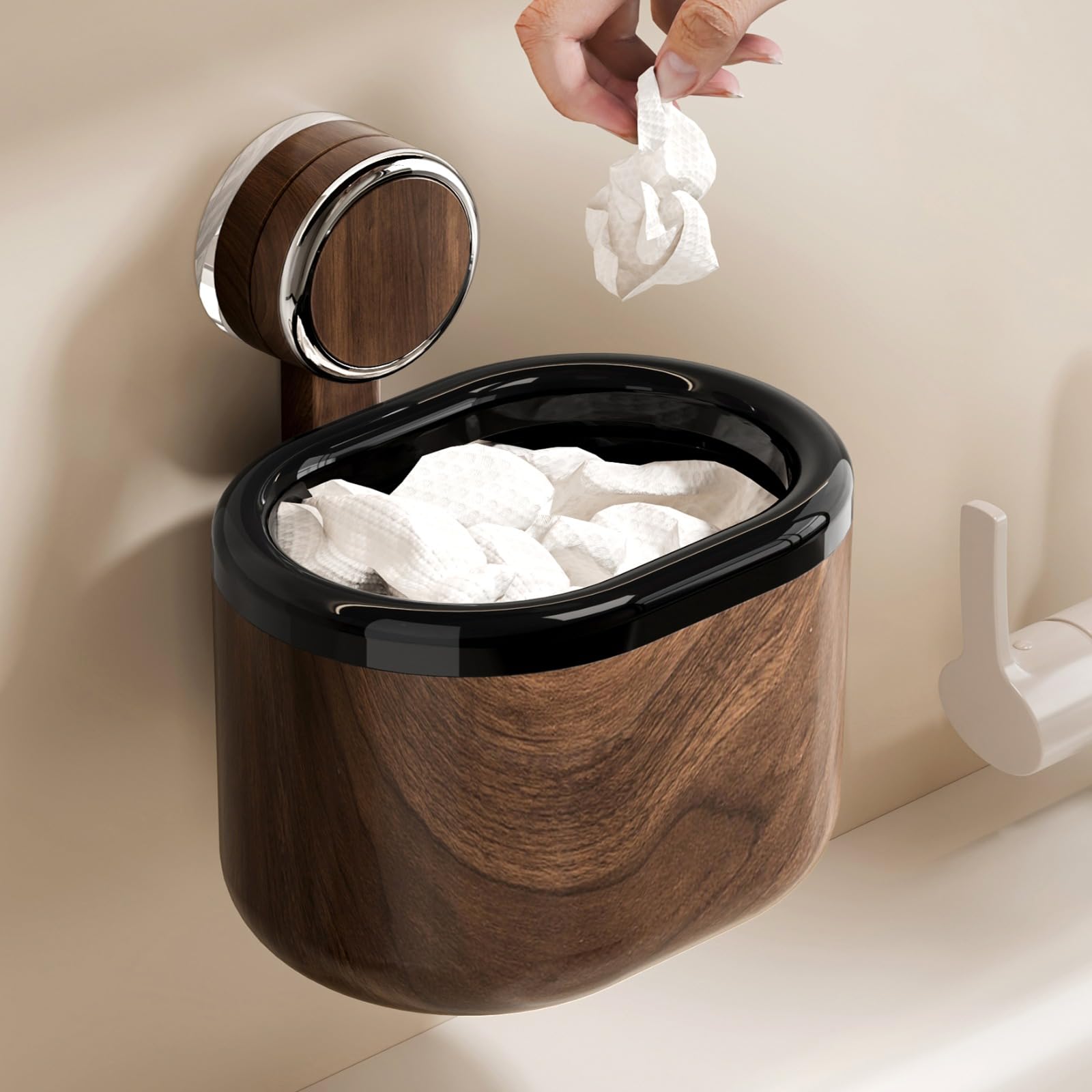 No-Drill Wall Mounted Bathroom Storage Box Small Wood Grain Wastebasket Shower Caddy Suction Cup Wall Mount Organizer Toothbrush