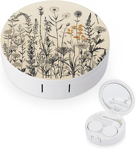 Contact Lens Case Travel Floral Herbs Botanical Engraving Print Contact Cases Box With Mirror Solution Bottle Applicator Removal Tool Kit For Daily