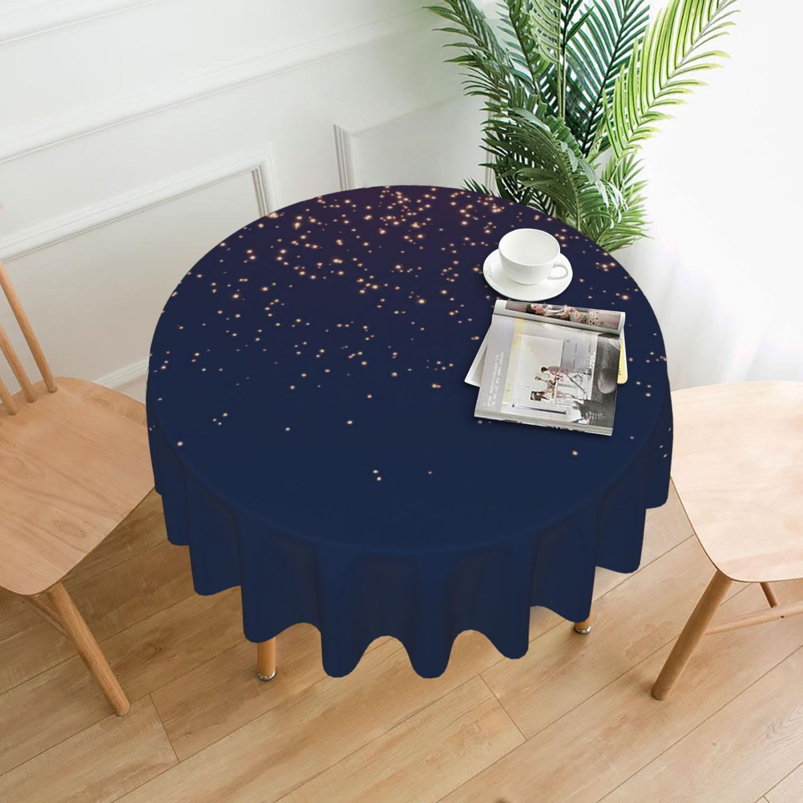 SDEGTHO Navy Blue Sky and Stars Print Modern Retro Round Tablecloth 60in Polyester Fabric Cover for Party Dining Table Washable