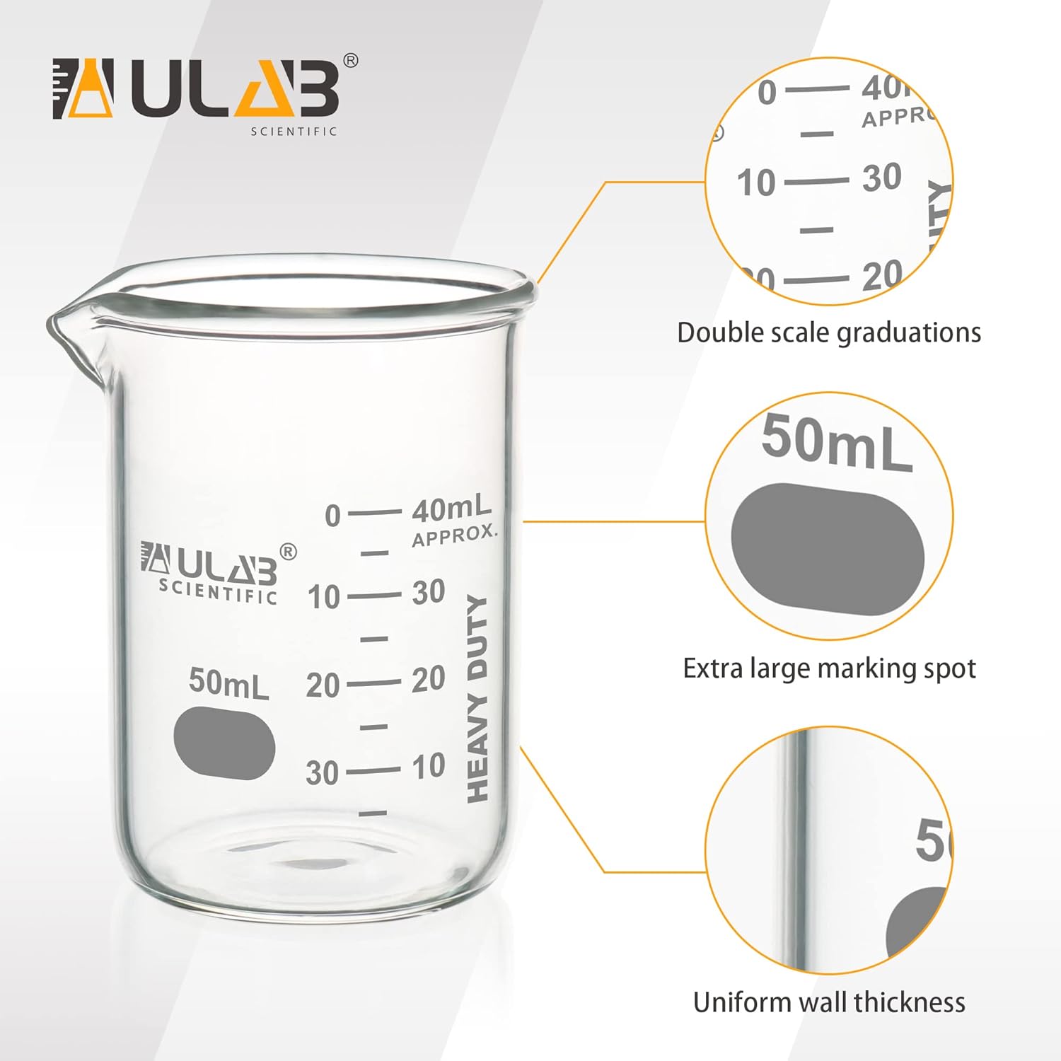 ULAB Heavy Duty Glass Beakers, 10pcs of Vol.50ml(1.7oz), Borosilicate 3.3 Glass, Thick Wall Beakers, with Double Scale, Superior Durability & Chemical Resistance, UBG1069