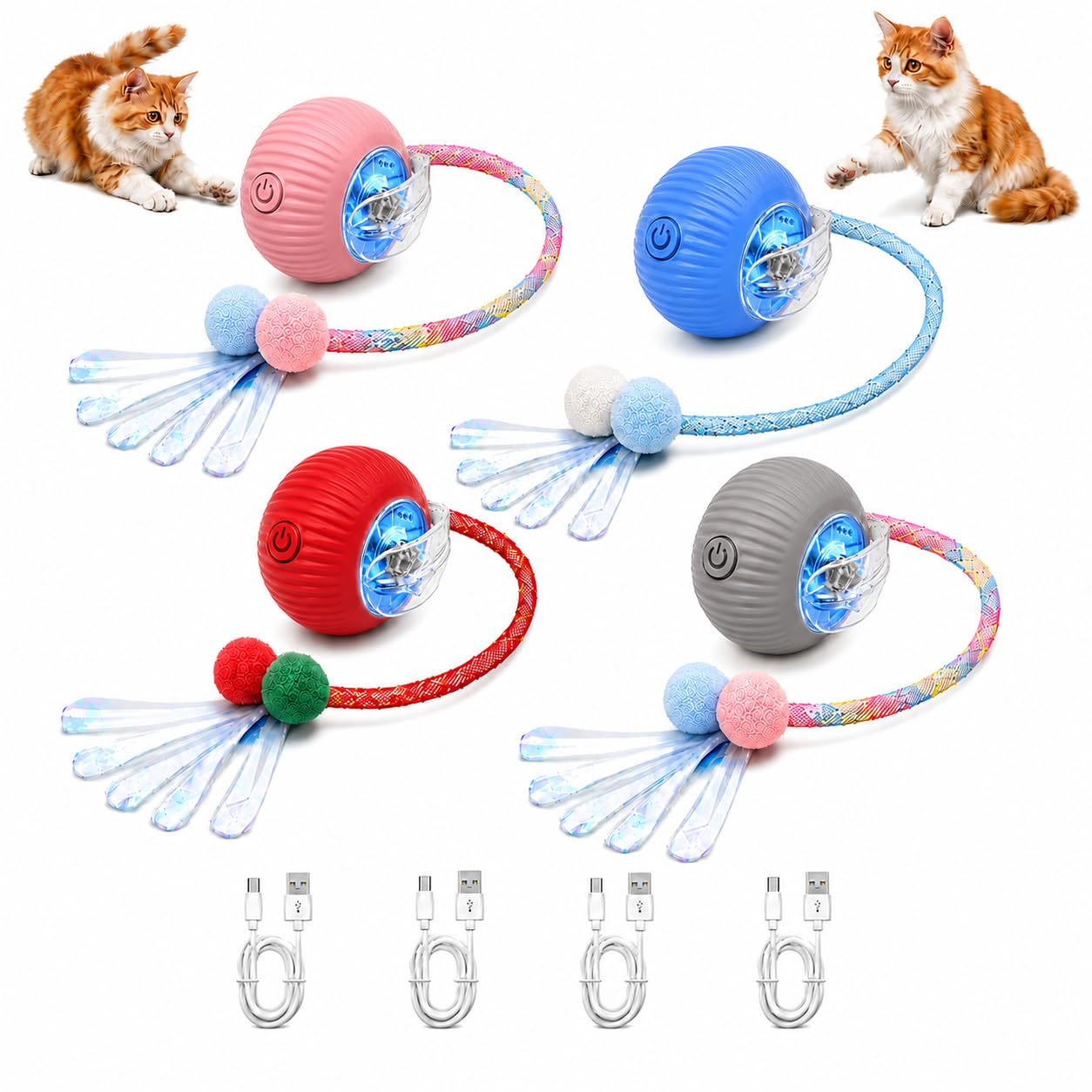 Pack-4 Interactive Cat Toys, Motion-Activated Rolling Ball with Shiny Moving Tail,Smart A…