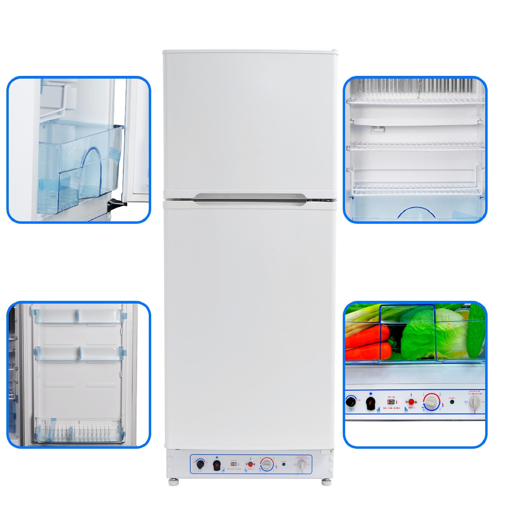 Gas Kühlschrank mit Gefrierfach, 185L, Kühl-Gefrier-Kombinationen, Gas/230V, Kühlschrank Groß für Küche, Outdoor, Wohnmobil, Reisen, Weiß