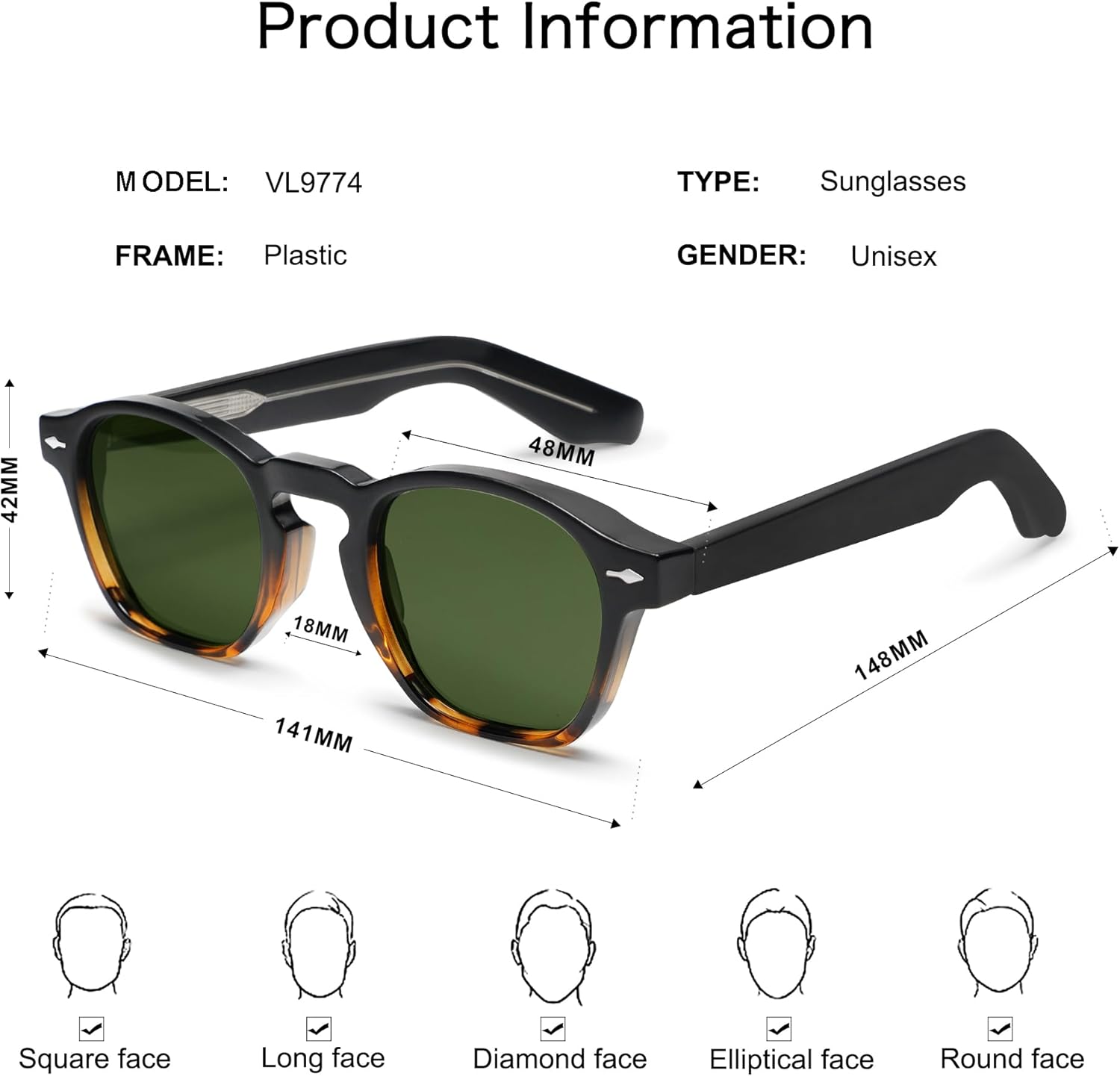 VANLINKER Retro Small Square Sunglasses for Men Women Thin Cube Shades Vintage Slim Frames Intellectual Style VL9774 Top Black Bottom Tortoiseshell Frame Green Lens image 5 of 6 B0CDPPMQVB