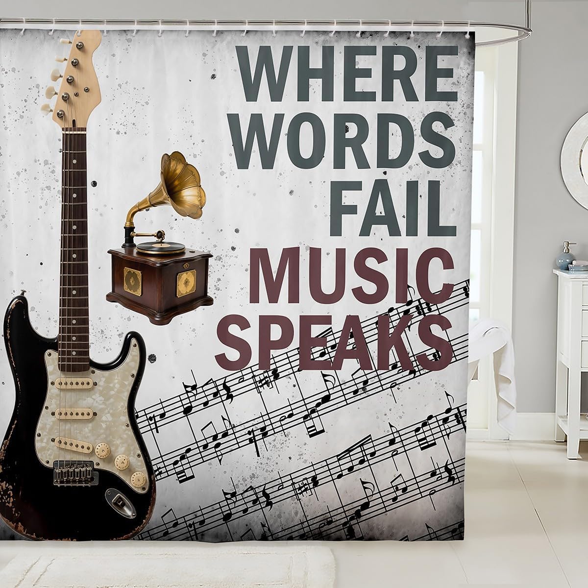 jejeloiu Guitar Print Shower Curtain for Bathroom Decor Musical Note Bath Curtain for Stalls Bathtubs Music Themed Bathroom Accessories Luxury Waterproof Polyester Fabric with 12 Hooks 72"x72"