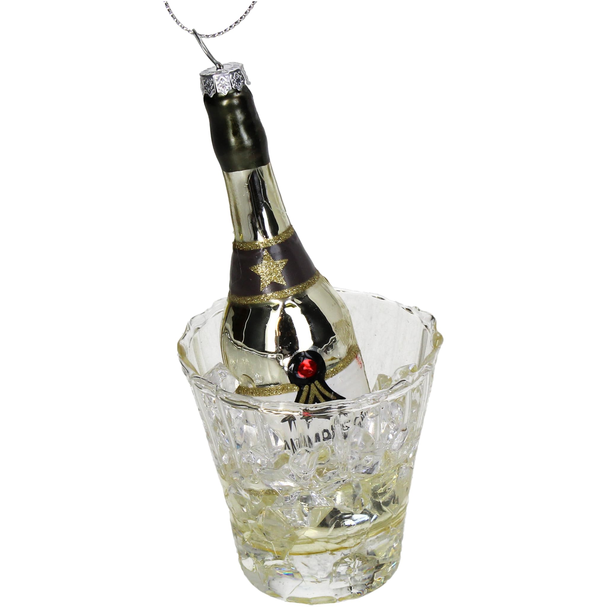 Bouteille de champagne en verre de 14 cm pour sublimer votre sapin de Noël argenté