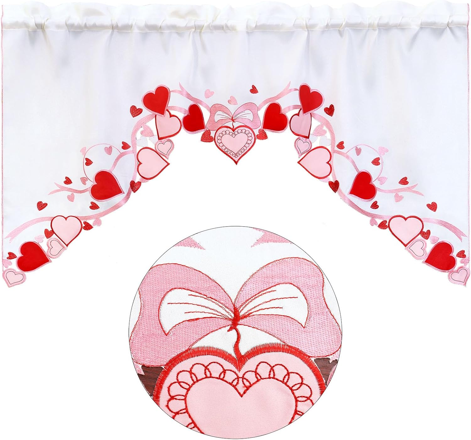 Simhomsen Embroidered Love Heart Kitchen Window Curtain Swag and Tiers, Wedding Anniversary, Marriage Proposals, Romantic Events or Parties (Valentine)