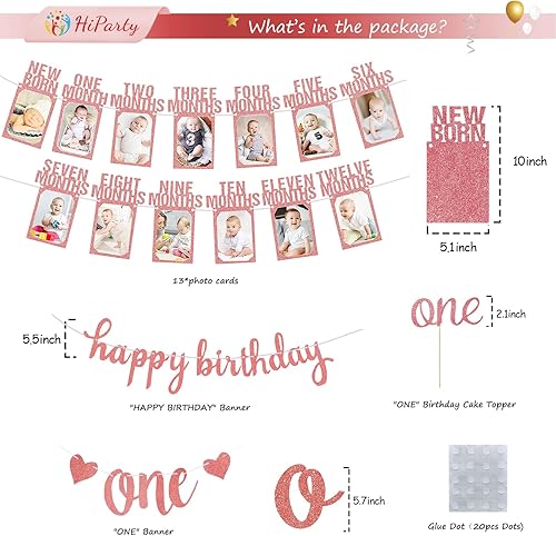 Miniatura 4 de Cartel de fotos de bebé de primer cumpleaños, 17 piezas de decoración de primer cumpleaños para niñas recién nacidas a 12 meses, pancarta de fotos