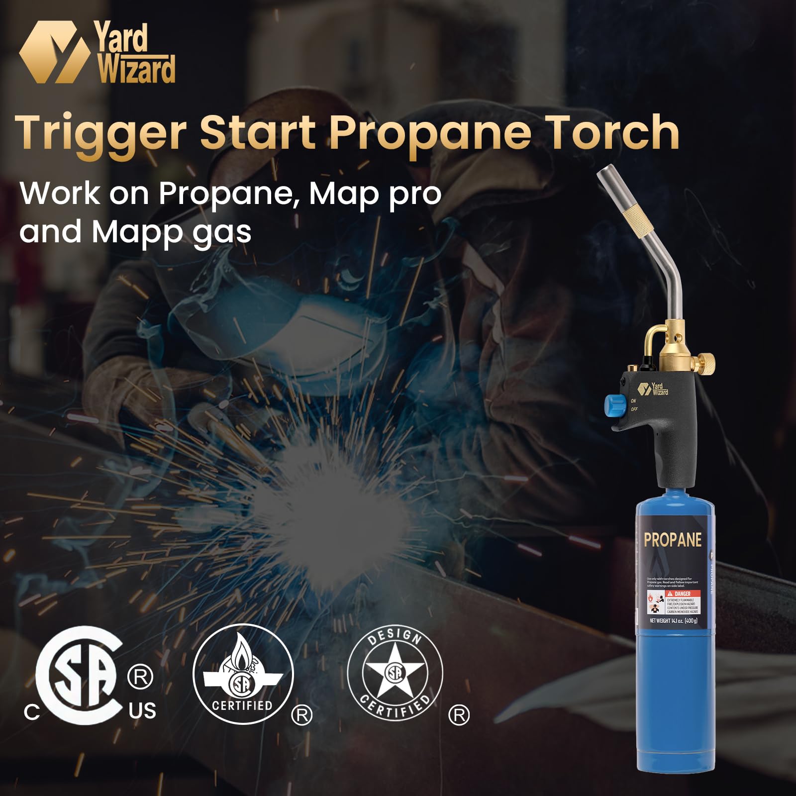 Cabezal de antorcha de propano, antorcha de gas de mapa con encendedor y llama ajustable, soplete de mano con combustible de gas propano MAPP MAP PRO, para fontanería, soldadura, iluminación, fogatas
