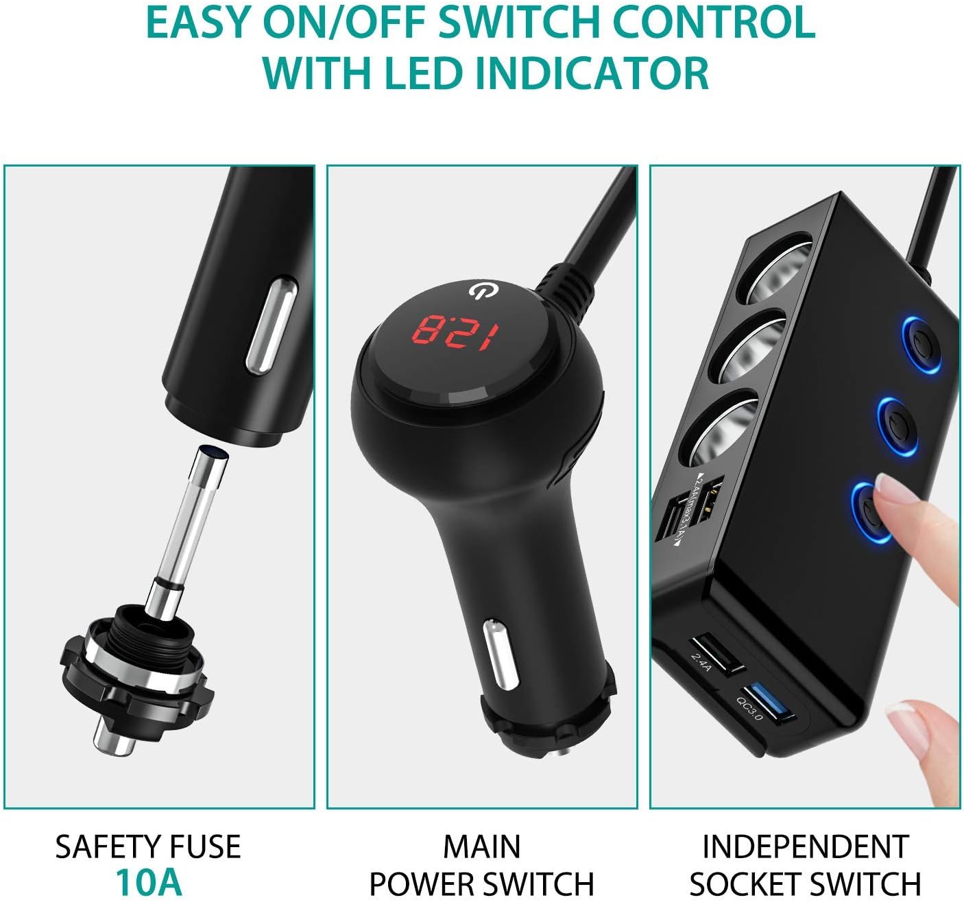 [Upgraded Version] Quick Charge 3.0 Cigarette Lighter Adapter, CHGeek 180W 12V/24V 3-Socket Car Power DC Outlet Splitter with 8.5A 4 USB Charging Ports & LED Voltmeter Power Switch Car Charger