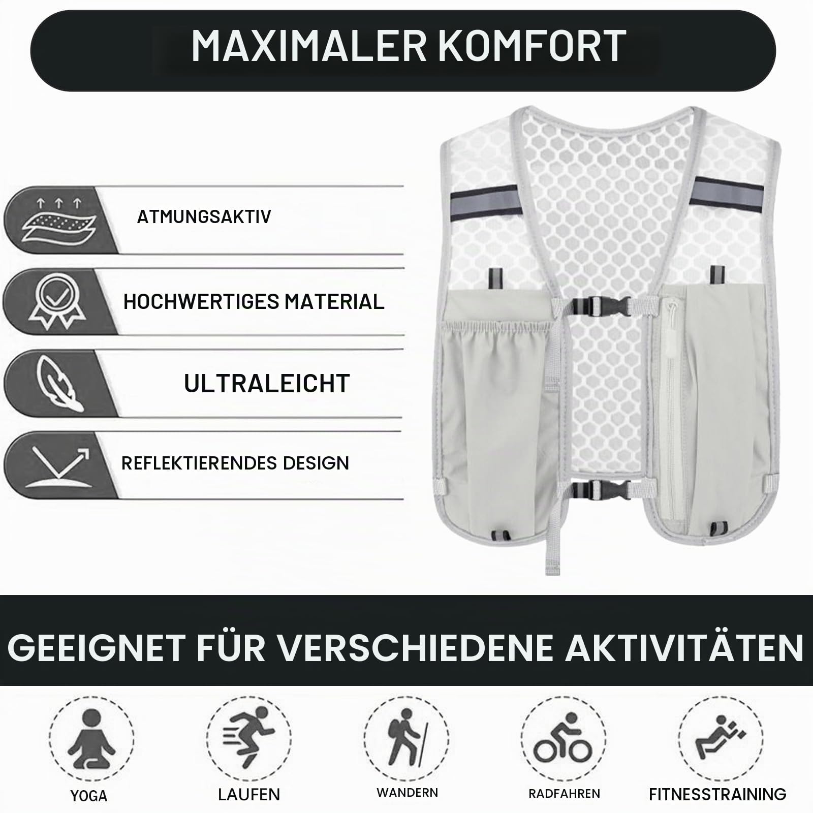 GWAWG Laufweste, Unisex, Weste mit Handyhalterung, verstellbar, für Laufen, Radfahren, Wandern, Trailrunning, Marathon