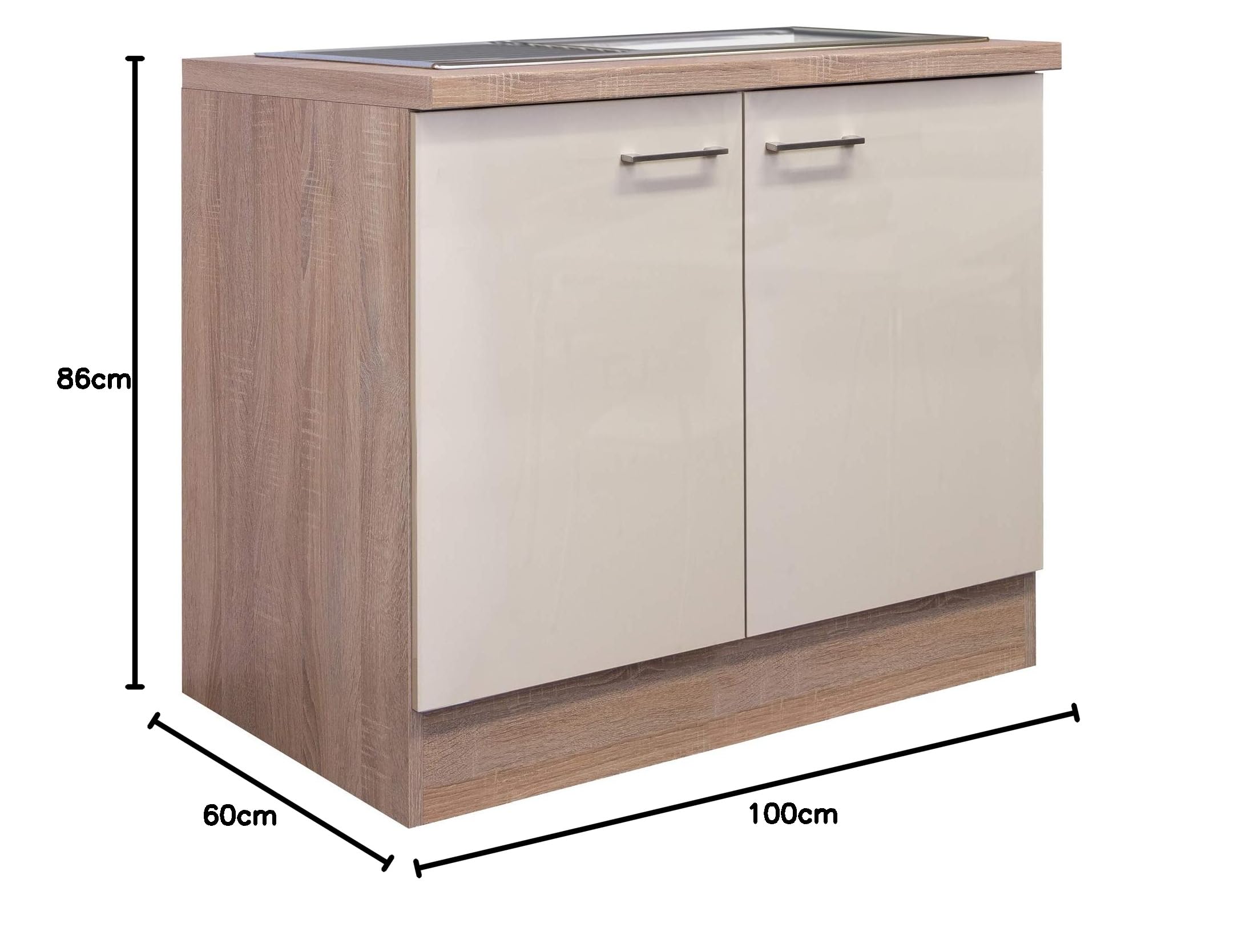 Spülenschrank Nepal - Unterschrank - inkl. Spülen-Einbaubecken - Breite 100 cm - Creme glänzend/Eiche Sonoma