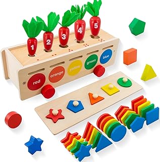 Ganaj Montessori Toys Wooden Color Shape Sorting Box, Wooden Montessori Toy with Carrot Harvest, Educational Block Puzzles for Toddler 1-3 Fine Motor Skills Toys Learning Puzzles Gift for 1+ Year Old