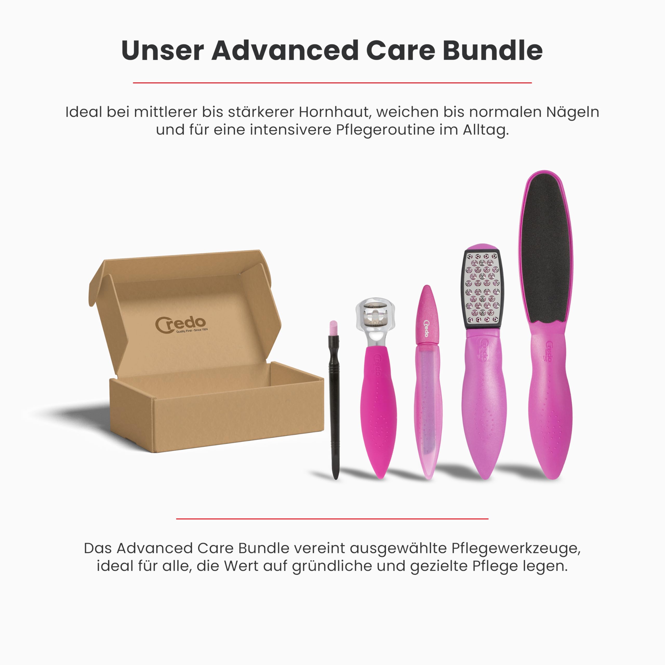 Credo PopArt Advanced Care Bundle Fußpflege Set | mit SmartCutter, Safety Hornhauthobel, DuoSoft, Keramiknagelfeile & Keramik-Nagelhautentferner | Fuß- und Nagelpflege im farbigen Design (Pink)