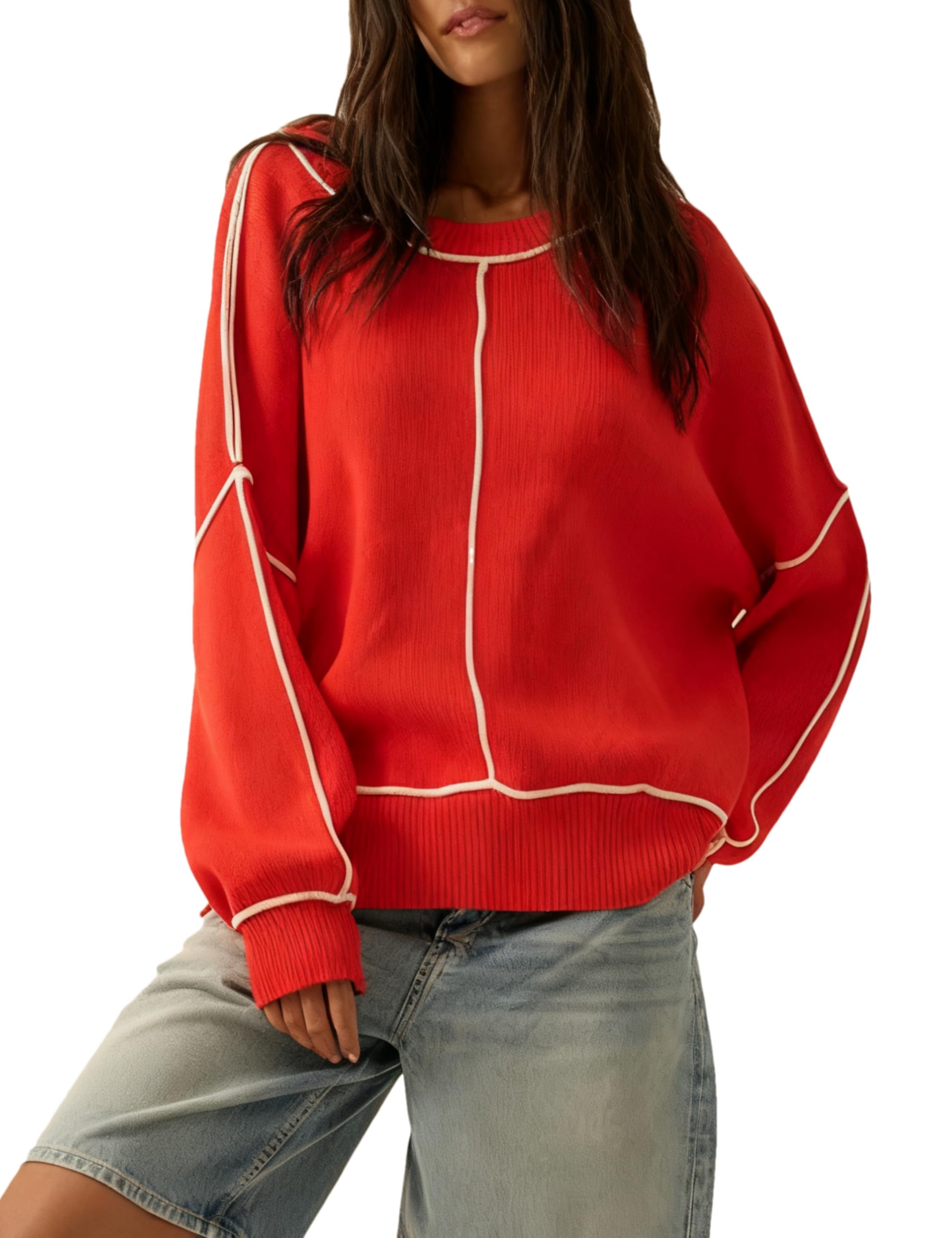 Women s Loose Sweaters Long Sleeve Ribbed Knit Pullover Oversized Sweater Top