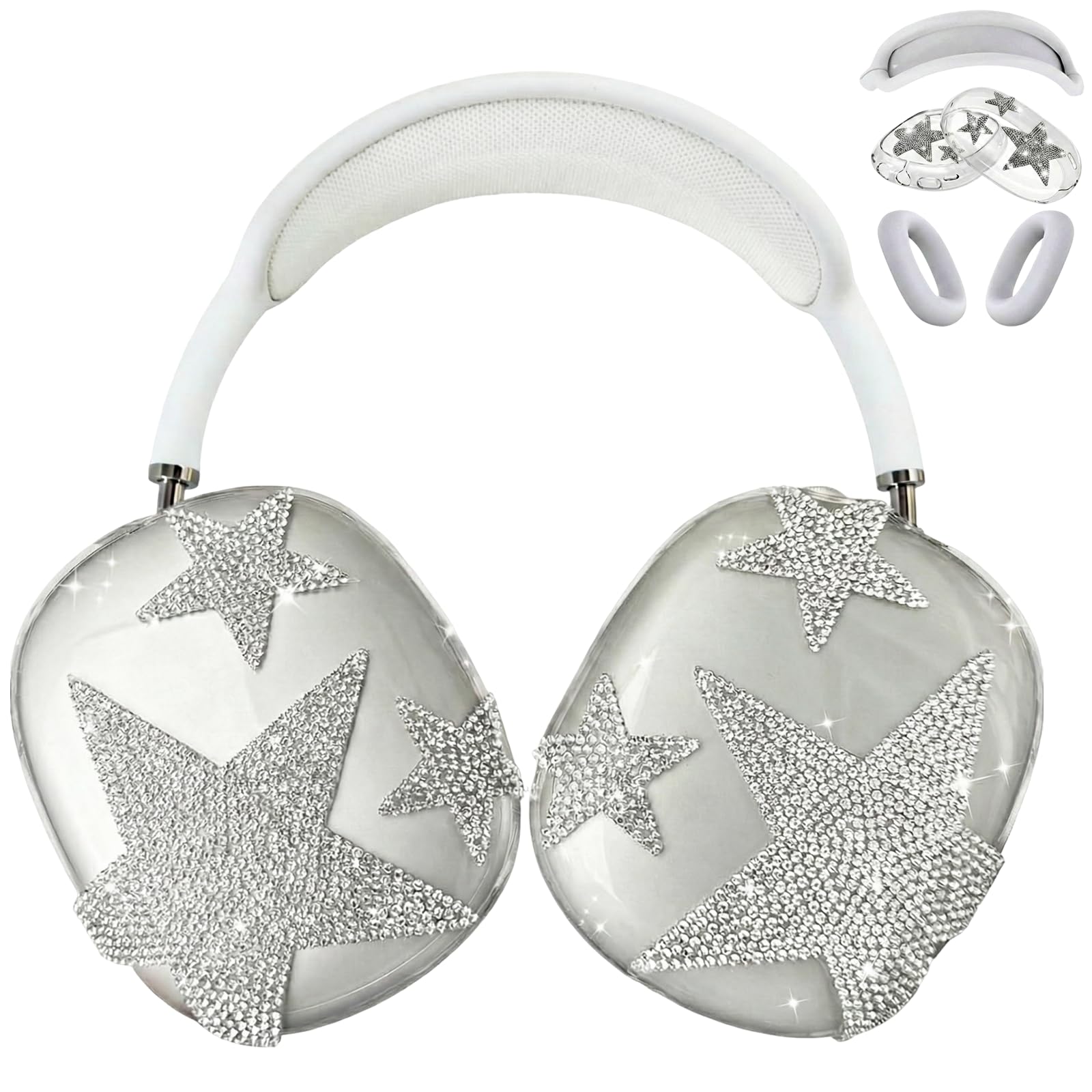 Airpod Max Ear Cover Three Piece Set, Shining Rhinestone Five-Pointed Star, Personality Fashion Airpod Max Case Accessories Protective for Apple