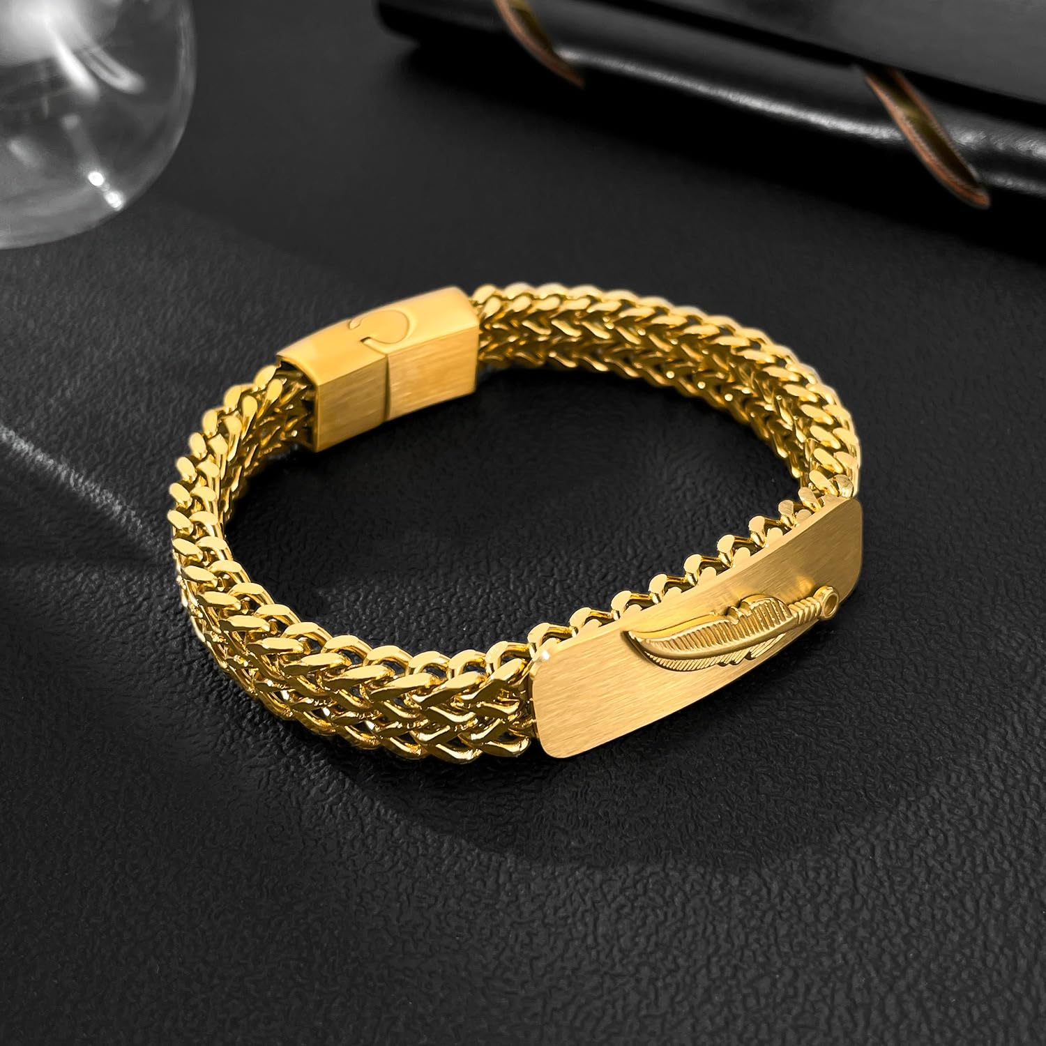 Solid 18K gold men's and women's bracelet, Miami Cuban chain bracelet, Free Feather, Valentine's Day/Birthday/Christmas gift box