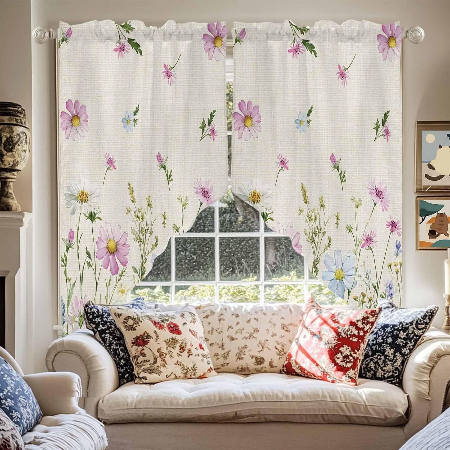 Swag Curtain Valance for Windows,Farm Flower Leaf Wildflower Rod Pocket Kitchen Swag Curtains,Botanical Herb Retro Linen Window Treatment for Bedroom Bathroom Living Room,36x45in Pack of 2