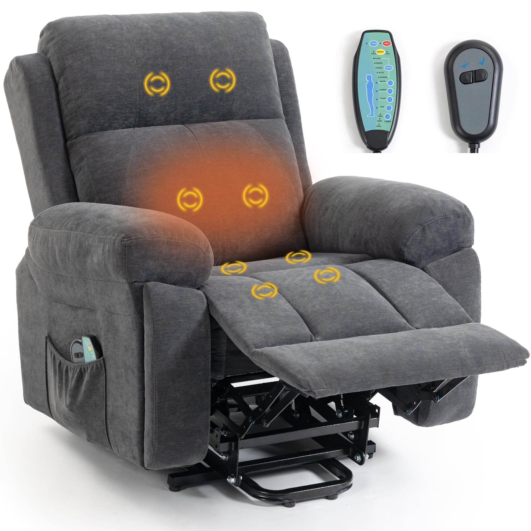 Fernsehsessel Relaxsessel mit Aufstehhilfe, Elektrischer Massagesessel mit Wärmefunktion, 2 Seitentaschen, Getränkehalter, Seniorensessel TV-Sessel (Dunkelgrau)