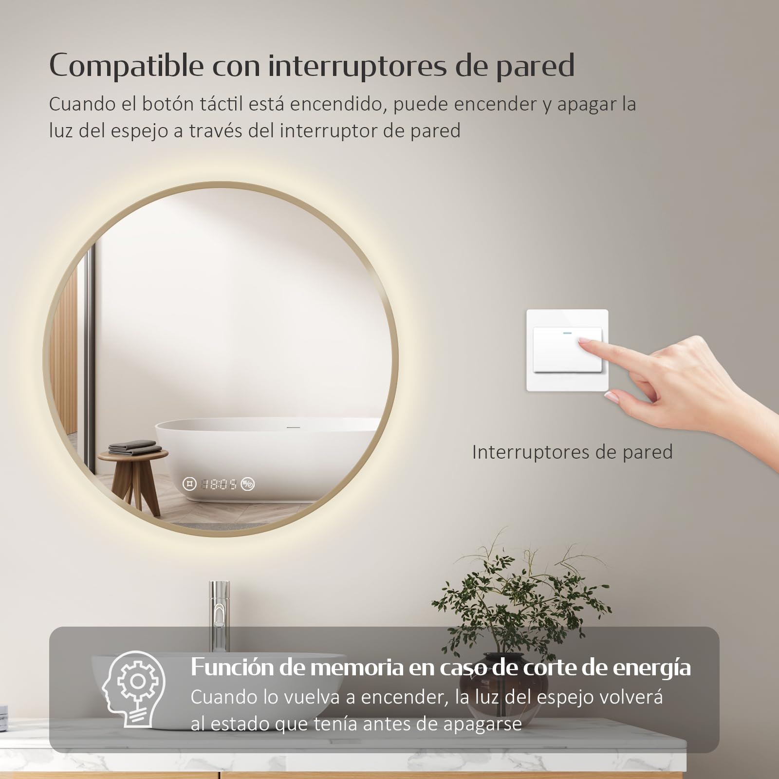 EMKE Espejo de Baño Redondo 60 cm,Marco Dorado Cepillado, Antivaho, Reloj, Temperatura, Espejo baño con luz 4300K, Apagado Automático 3 h, Memoria, IP65,Espejo LED baño