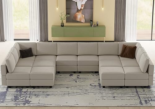 Belffin Sofá modular modular de gran tamaño con divanes dobles en forma de U, sofá modular reversible con almacenamiento terciopelo gris