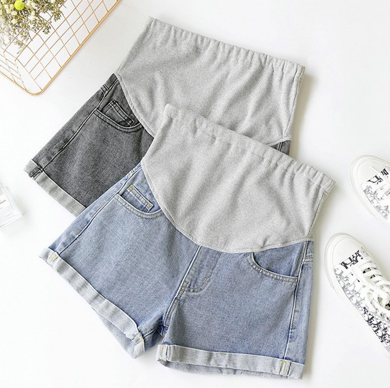 Pantaloncini Premaman Donna Denim Jeans Shorts Estivi Premaman Leggings Sportivi Regolabile Donna Incinta Shorts Corti Aderente Pantaloni Gravidanza Over Bump