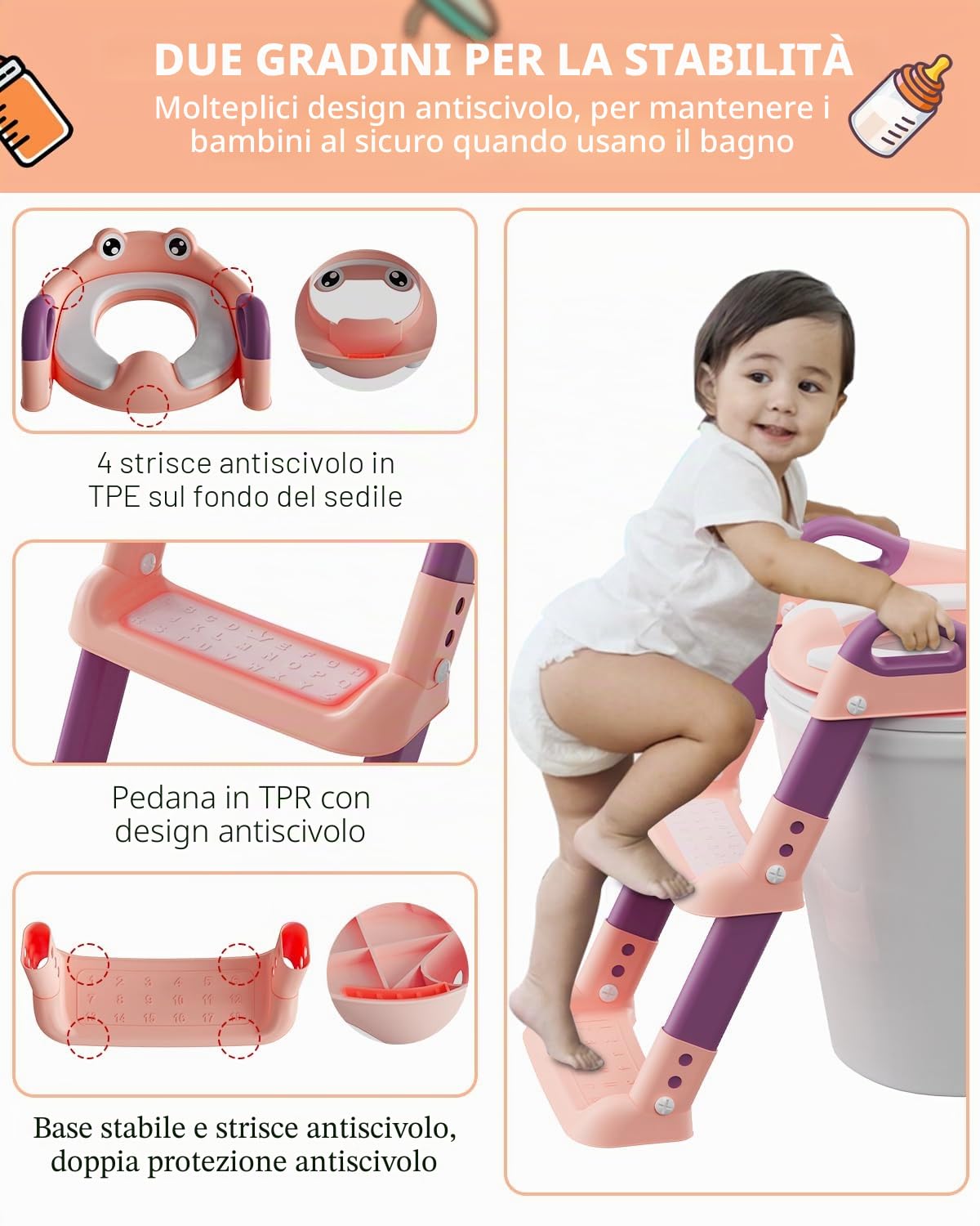 Riduttore WC per Bambini con Scaletta, Riduttore WC Bambini con PU Cuscino, Regolabile e Pieghevole, Antiscivolo Sedile WC per Bambini, Adatto per Tazze WC a V, U, O