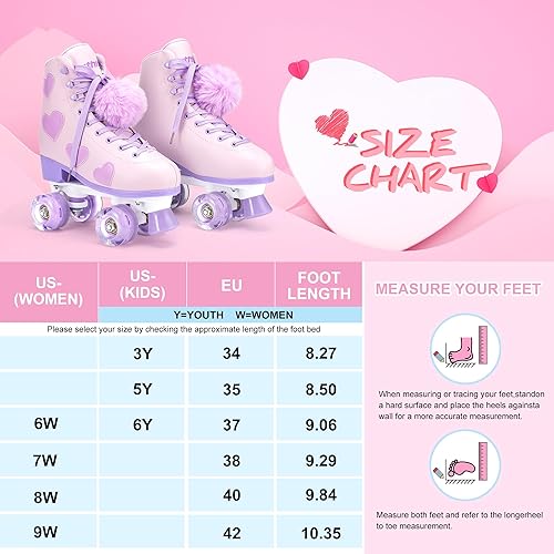 Miniatura 7 de Ruthfot Patines clásicos para mujeres y niñas con ruedas iluminadas y patrón de corazón de amor, patines de piel sintética de alta calidad