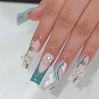 SINHOT Press on Nails Long Square Fake Nails 3D Butterfly Acrylic Nail Glossy Glue on Nails Rhinestones Squoval Artificial Nail Green Glitter Stick on False Nail with Design 24 pcs