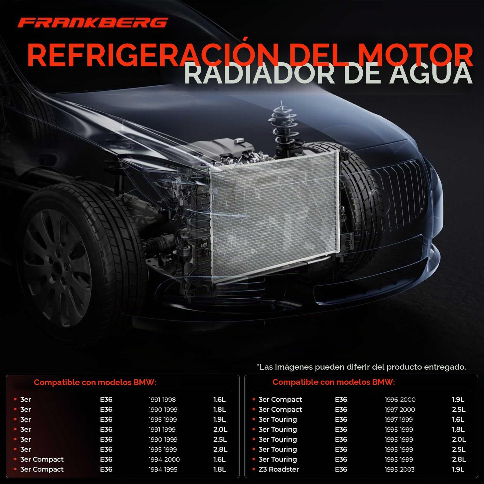 Frankberg Radiador enfriador de agua enfriador de motor transmisión | Compatible con: Z3 R.o.a.d.s.t.e.r E36, Serie 3 Touring E36, Serie 3 Compact E36, Serie 3 Convertible E36, Serie 3 E36