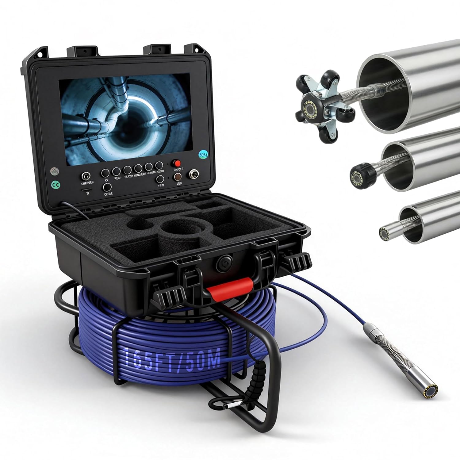 Sewer Camera with 512Hz Transmitter Self-Leveling Borescopes Plumbing 9" HD Color Screen Waterproof IP68 Borescope Camera with Light 165 ft/50 m for Home Wall Duct Drain Pipe Plumbing