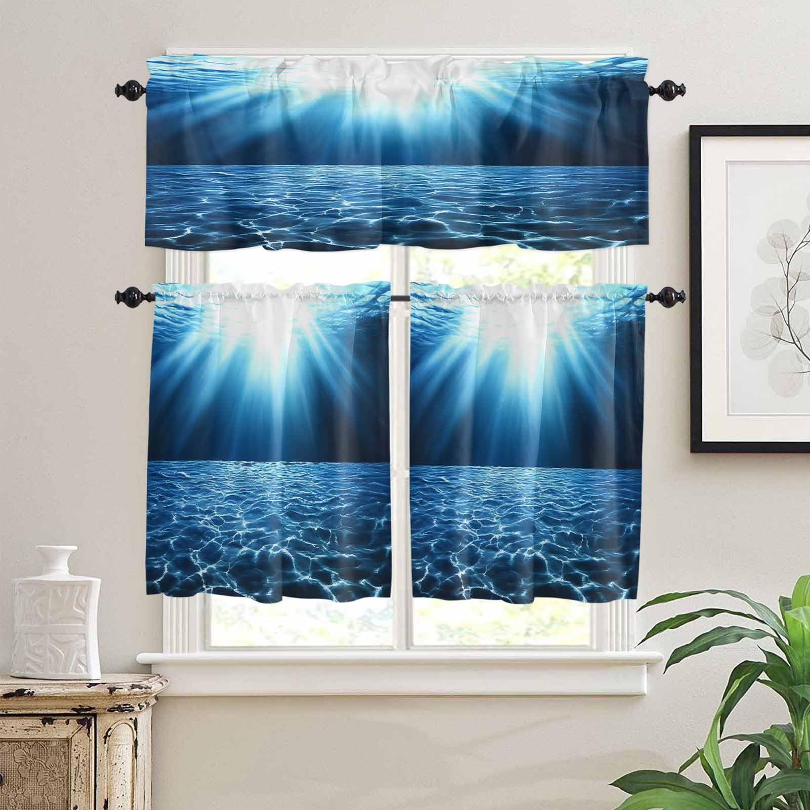 Blue Ocean Kitchen Curtains 36 Inch Length,3 Piece Rod Pocket Small Half Tiers and Valance Set,Beach Summer Coastal Underwater Scene Waves Small Large Window Treatment Decor for Bedroom/Bathroom Sink
