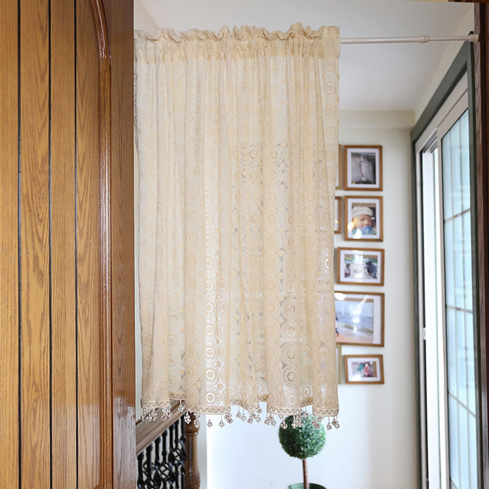 A.Monamour Gardine Scheibengardinen Kurzstores Beige Transparente Voile Spitze Kreis Stickerei Retro Kurzgardinen Küchengardine Küchenvorhang Küche Vorhang Fenster Kurz Stores Bistrogardine