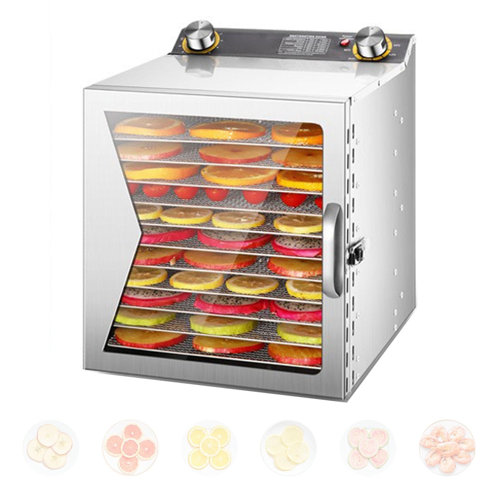 Deshidratador De Alimentos Comercial De Acero Inoxidable Para Deshidratar Cecina, Frutas, Especias, Carnes Y Verduras, Gran Capacidad, Con Temperatura Y Tiempo Ajustables(12 Tray)