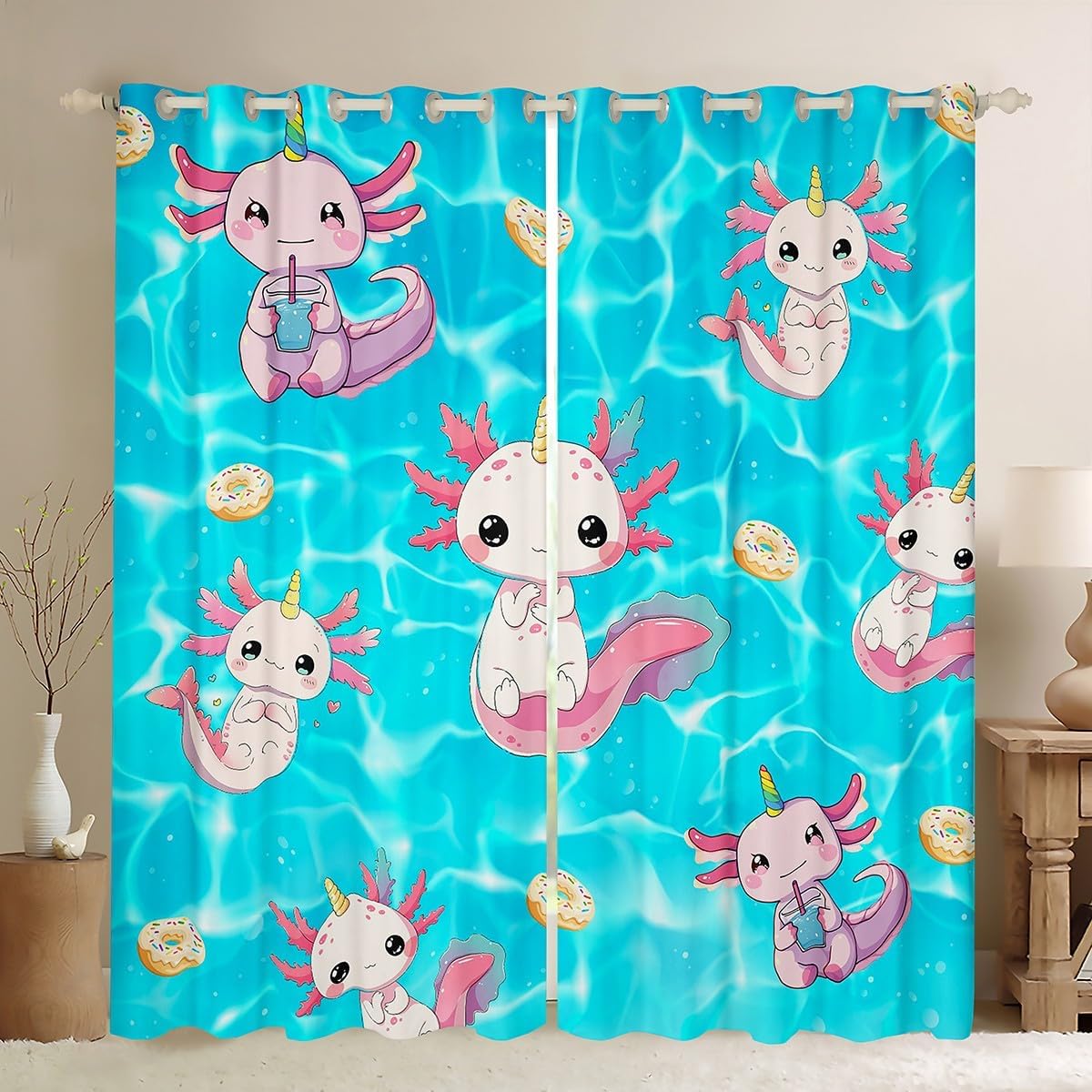 Castle Fairy Pink Cute Axolotl Window Curtains,Cute Wildlife Animal Window Drapes for Kids Teens Men,Doughnut Pattern Window Treatments Grommet Top 2 Panel Set,52Wx90L inch