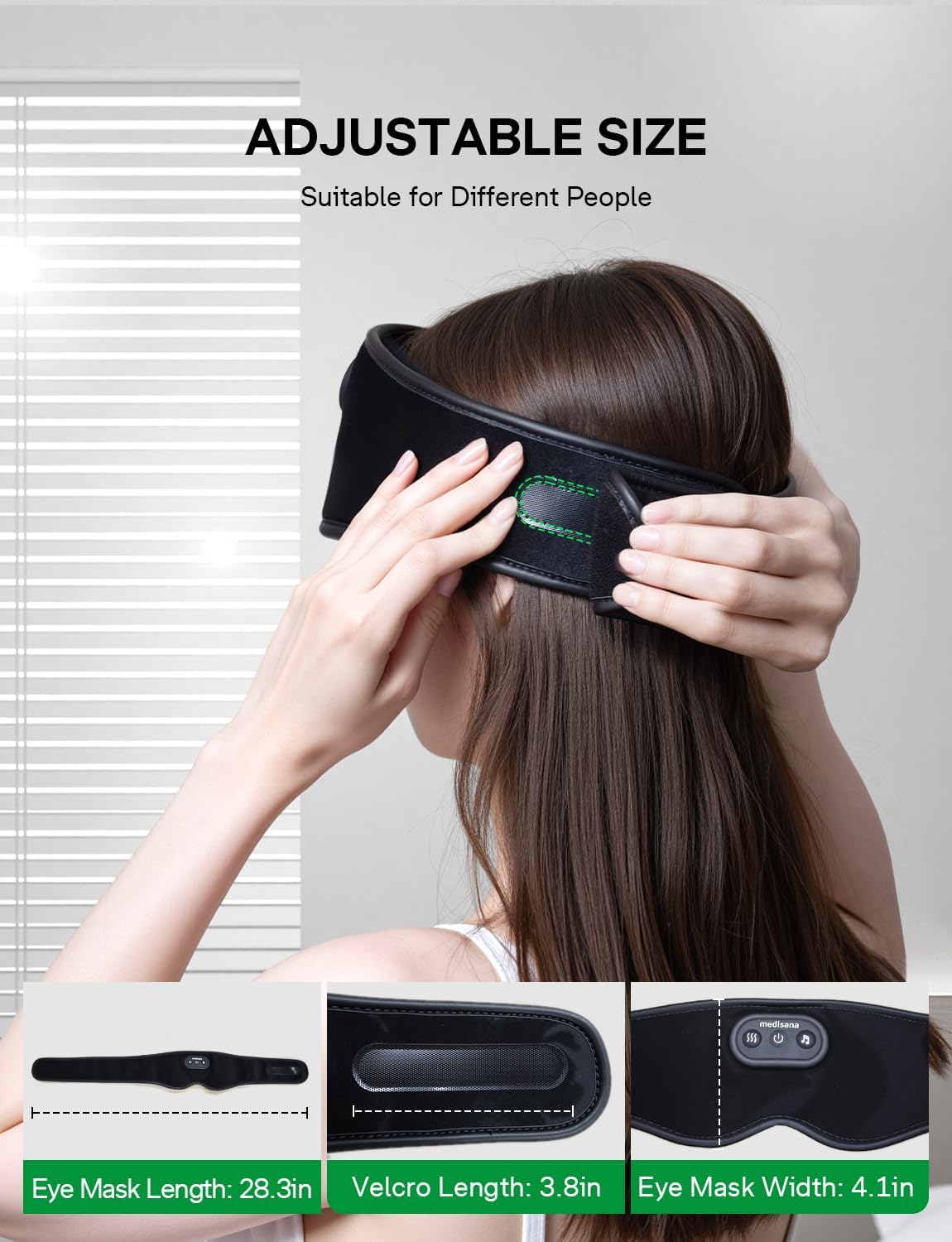 A woman adjusting the Medisana eye mask on her head, with diagrams showing the eye mask length, Velcro length, and eye mask width.